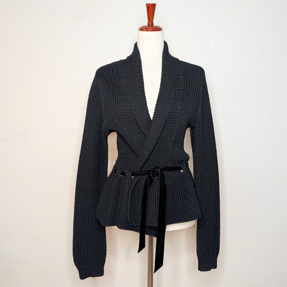 Lauren by Ralph Lauren Black 100% Cotton Shawl Collar Cardigan with Velvet Belt - Picture 1 of 6